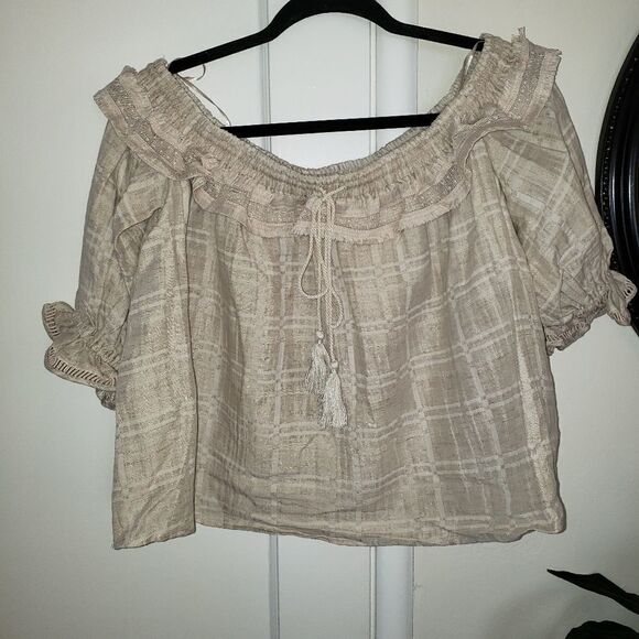 Stevie May Boho Willowtop Sand Gingham Linen Top - Picture 2 of 9
